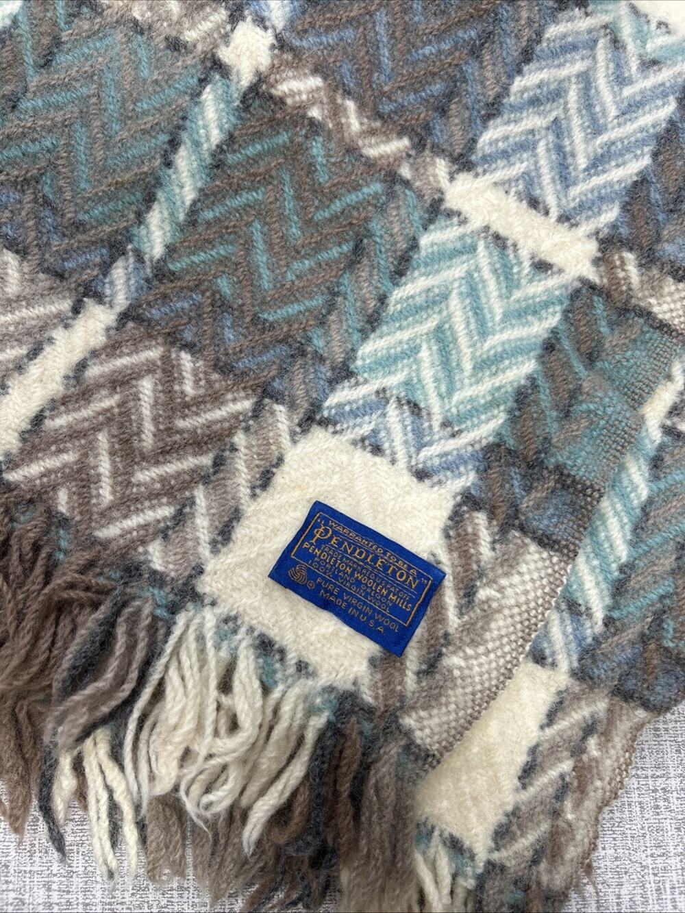 Vintage Pendleton Woven Wool Throw Blanket Brown Blue Ivory 57x45 Geo Aztec USA